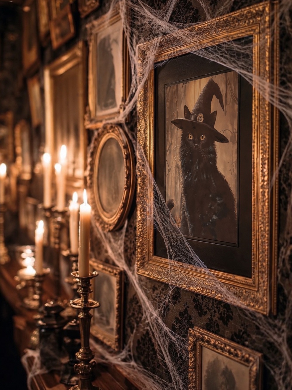 Gold Gilded Solid Wood Framed Black Cat Witch Canvas Wall Art - ~22x26”
